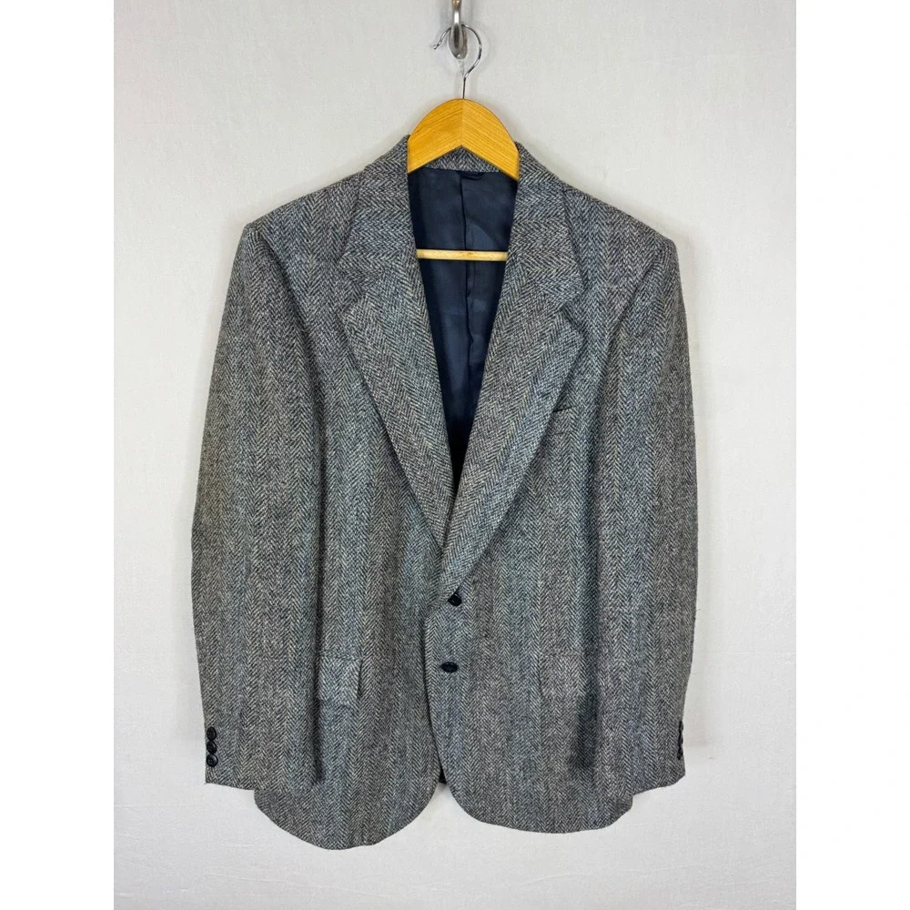 Harris Tweed The Bay Mens Grey Herringbone Wool Blazer Sport Coat 42R Vintage